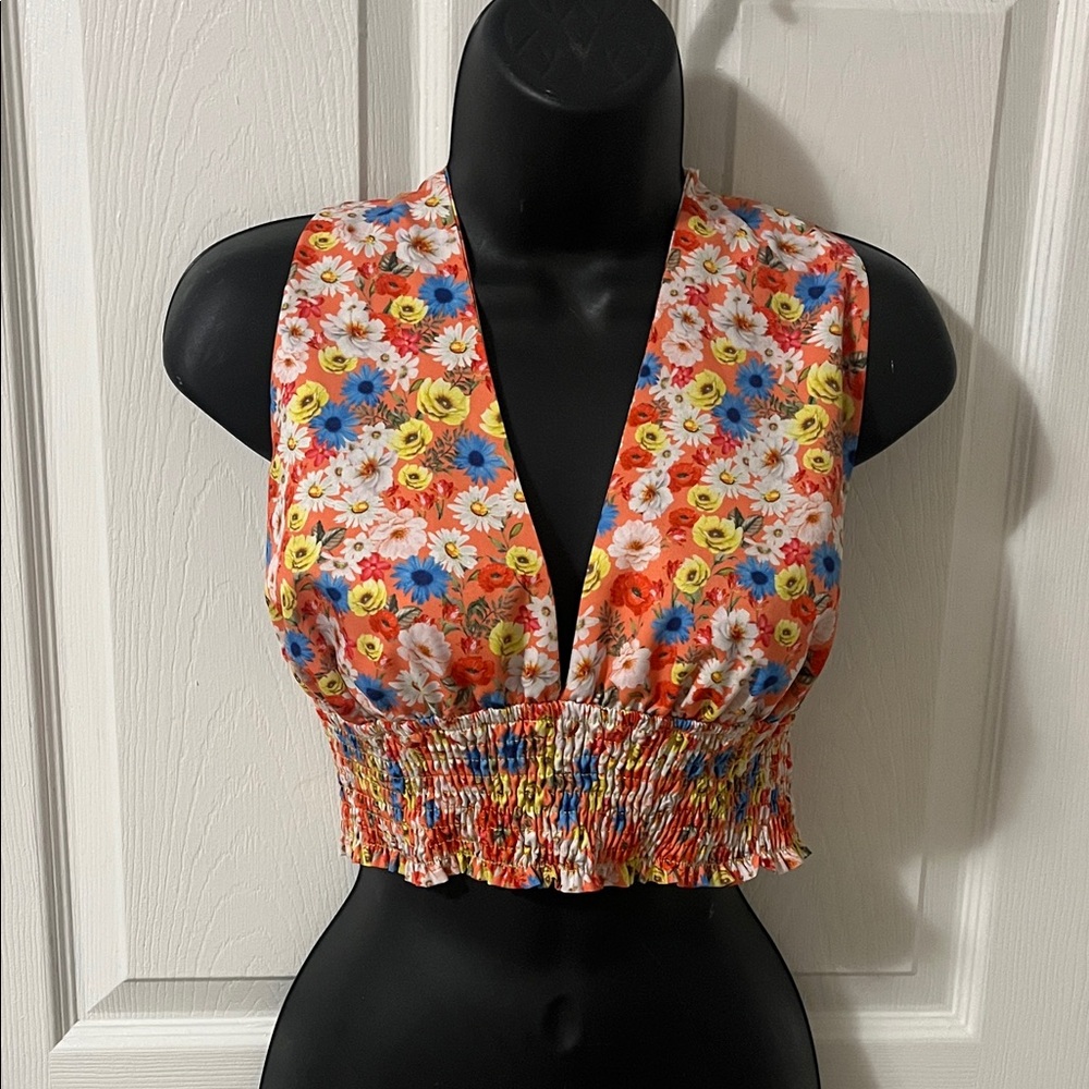 Floral V-Neck Smocked Crop Top - Multi-Color